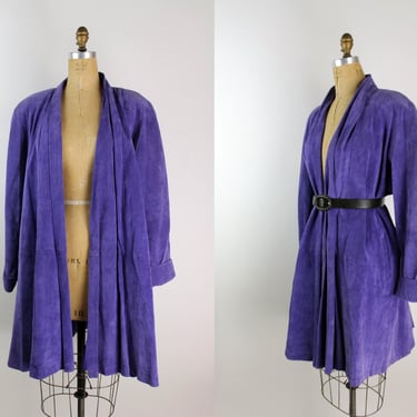 80s Purple Suede Trapeze Coat / 1980s Leather Coat / Size L/XL 