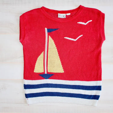 Vintage 80s Novelty Sweater, Nautical Sweater, Boat, Striped, Short Sleeve, Top, Knit, Red, 1980s 