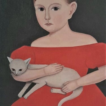 Vintage after Ammi Phillips "Girl in Red Dress with Cat and dog" folk art oil painting 