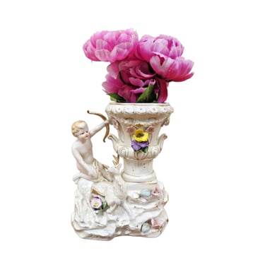 Vintage Wales of Japan Bisque Cupid Cherub Angel Vase 