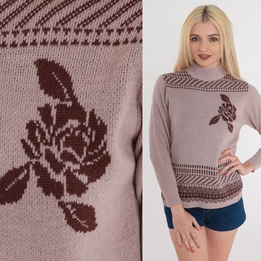 Rose Sweater 70s Taupe Floral Sweater Pullover Mock Neck Jumper Flower Print Mockneck Striped Acrylic Knitwear Girly Vintage 1970s Small S 