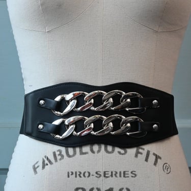 Black Elastic and Faux Leather Belt/Waist Cincher with Silver Chains