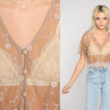 Embroidered Mesh Top Y2K Shirt Sheer Lace Blouse 00s Crop Top Boho Hippie Shirt 2000s Button Up Nude Tan Shirt Dreamy Romantic Small S 