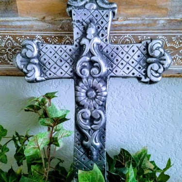 Neat Metal Cross~10" Wall Crucifix~Cast Metal Cross~Religious Wall Decor~Floral Cross~JewelsandMetals. 