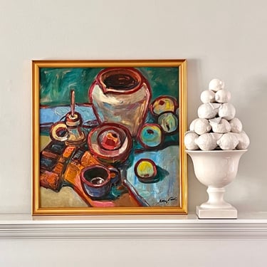 Vintage Still Life Painting Original Signed Oil Colorful Maximalist Mid Century Art 