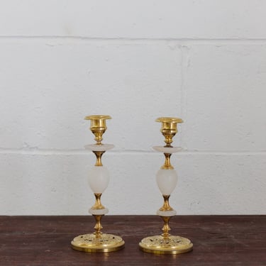 vintage french pair of brass and alabaster candle sticks