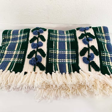 Vintage Plaid Blanket Retro Throw Crochet Afghan 1970s 70s Flower Vine Blue Forest Green Handmade Kitschy Granny Grannycore Dopamine Decor 