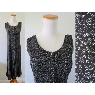 Vintage Black Floral Print Dress - 90s Sleeveless Rayon Sundress - Casual Boho Summer Dress - Size Medium 