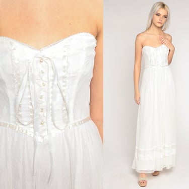 Vintage Wedding Dress 70s White Lace Maxi Dress Prairie Button Up Corset Boho Bridal High Waist Strapless Sweetheart Vintage 1970s Small S 