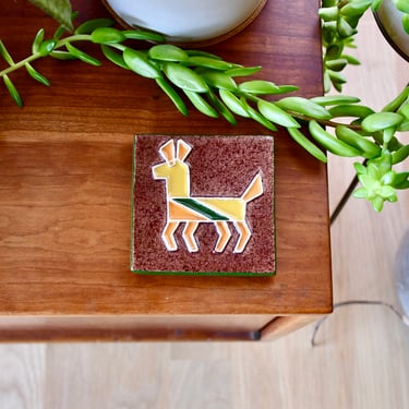 Vintage Red Yellow Green Legendware Handcrafted at Oak Creek Kilns,Sedona Arizona Handmade Donkey Tray,Midcentury Modern Ceramic Tile Trivet 