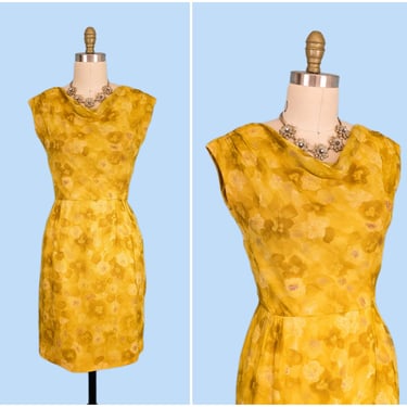 Vintage 1950s/early 60s Chiffon Floral Wiggle Dress, 1950s Size Medium Yellow Cocktail Party Evening Dress, Fitted Hourglass Pencil Dress 