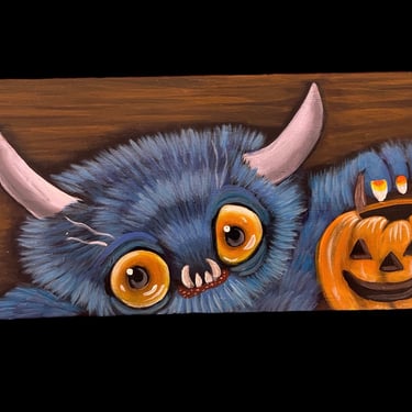 Vintage Halloween Inspired Hand Painted Spooky Big Blue Monster On 6”x11” Wood Plank 
