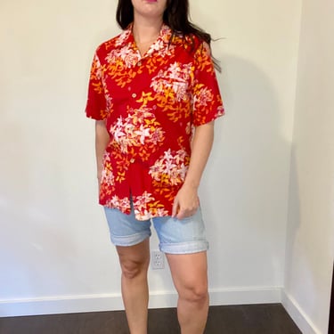 Vintage Holo Holo Red & Orange Unisex Hawaiian Short Sleeve Button Up Shirt 