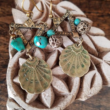 Turquoise Dangle Earrings~Blue Turquoise & Brass Boho Chic Earrings~Vintage Earrings Handmade Earrings~JewelsandMetals. 