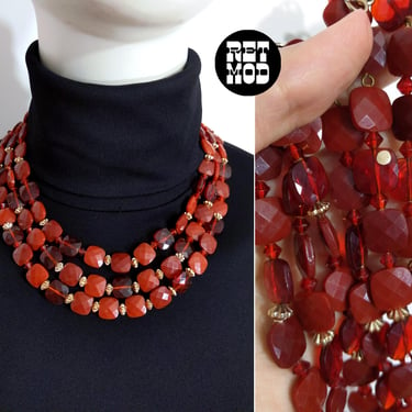 Chic Vintage 60s 70s Dark Brick Red Faceted Beaded 3-Strand Necklace 