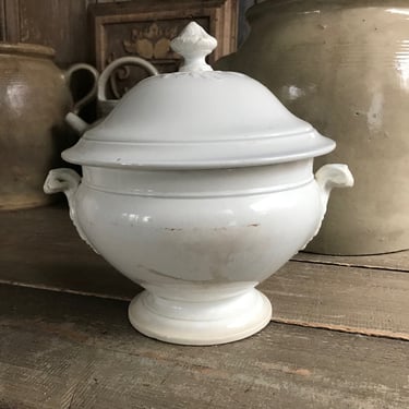 Antique French Faïence Compote, Small White Ironstone, Lidded Tureen, Fruit Bowl, Pedestal, Tea Stained, French Farmhouse 