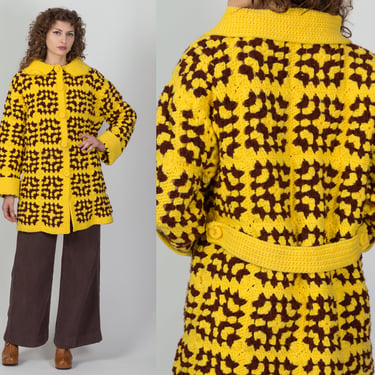 70s Two Tone Granny Square Cardigan - One Size  | Vintage Yellow & Brown Collared Button Up Slouchy Chunky Knit Sweater 