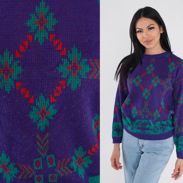 Snowflake Sweater 90s Purple Knit Pullover Holiday Sweater Geometric Print Crewneck Jumper Knitwear Green 1990s Vintage Acrylic Medium M 