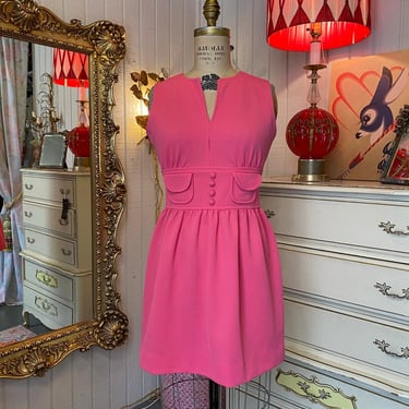 vintage 1960s hot pink mini dress xs mod 60s sheath sleeveless pockets retro 25 