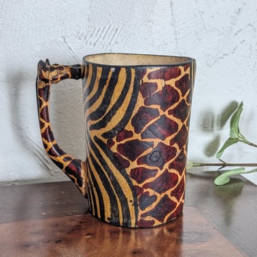 Vintage Hand Carved Wooden Animal Print Giraffe Handle Mug Cup 