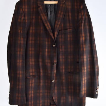 1960's Brown & Black Plaid Sharkskin Suit Jacket Men's Sport Coat Vintage Iridescent, 44