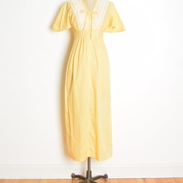 vintage 70s dress yellow white crochet flutter long hippie boho maxi dress S clothing 