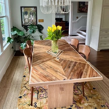 Custom reclaimed wood dining table with marble and granite inlay/ pedestal base/ reclaimed oak 