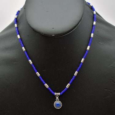 70's GSA sterling lapis lazuli rocker pendant necklace, blue glass beads 925 silver barrels choker 