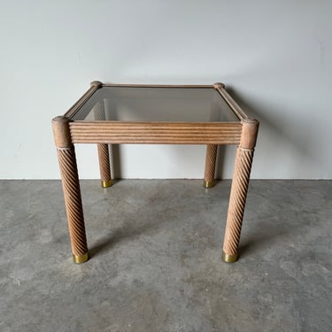 80's Postmodern Cerused Carved  Wood  Side Table With Glass Top 