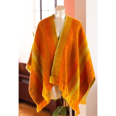 Vintage Wool Wrap Poncho - Reversible, Striped - 1970s - Boho, Knit, Fringe - Orange, Yellow, Green 