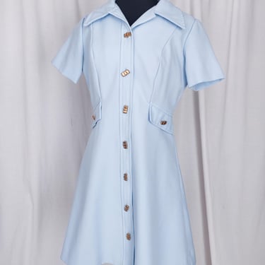 60s/70s Blue Polyester Shirtdress // A line with Novelty Buttons and Collar // Baby Blue A Line 