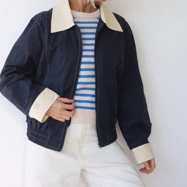 Vintage Two-Tone Navy Cream Cotton Zip Jacket Chore Jacket | Cotton Workwear Jacket | Utility French Workwear Style Bomber Coat | M 