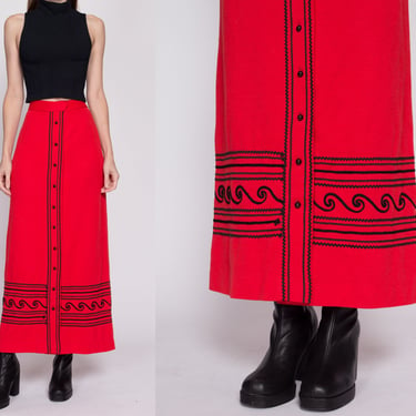 XS 60s Red Ric Rac Maxi Skirt 25" | Vintage 1960s Jo Hardin Boho High Waisted Button Front Hostess Skirt 