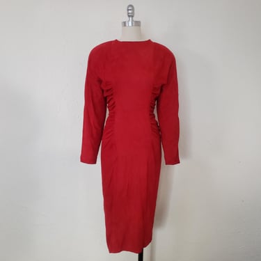 1980s Red Suede Dress by Vakko, Small to Medium | 80s Vintage Crimson Leather Dress (S, M, 38-26-36) 