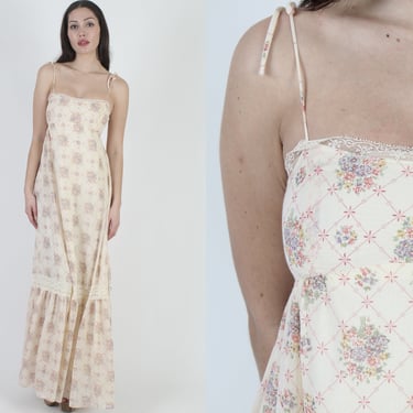 Old Fashion Floral Print Floor Length Dress, Adjustable Shoulder Tie Long Prairie Frock, Bohemian Summer Maxi Dress For Womens 