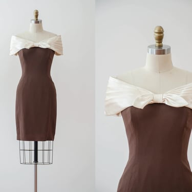 off shoulder mini dress | 80s 90s vintage Morton Myles brown cream satin short bodycon vintage cocktail party dress 