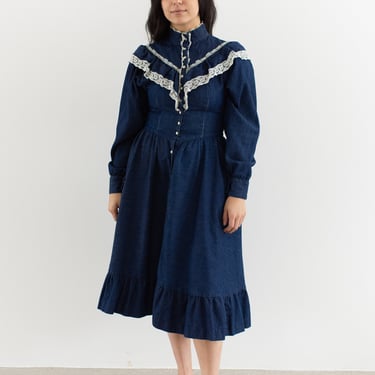 Vintage Dark Denim Puff Sleeve Dress | Ruffle Jessica McClintock Fitted Bodice Prairie Modern | XS S | 