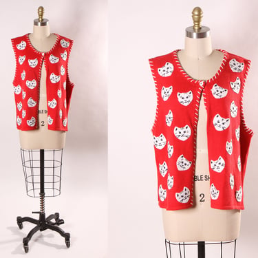 1990s 1999 Novelty Red and White Car Face Sleeveless Knit Sweater Vest by Susan Bristol -XL 