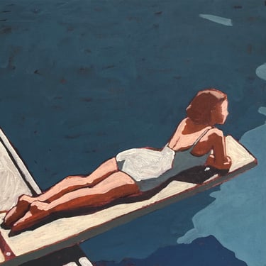 Woman on Diving Board #3 - Original Acrylic Painting on Canvas 14 x 14, blue, outside, summer, michael van, square, water, retro, sunlit 