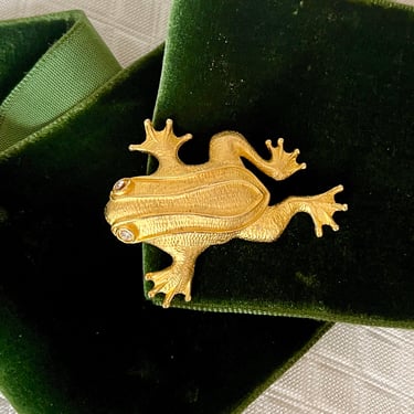 Vintage Frog Brooch, Sculptural Pin, Rhinestone Crystal Eyes 