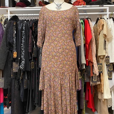 vintage 1990s drop waist brown floral crinkle dress asymmetrical marrika nakk l 