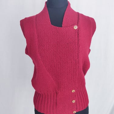 Vintage Southwool Hand-Knit Red Wool Asymmetrical Vest // Button-Up Sleeveless Sweater 