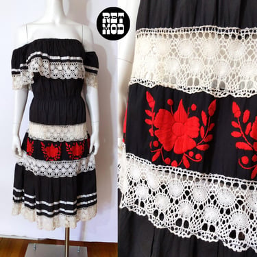 Lovely Vintage Black Cotton Sun Dress with Crochet Trim and Red Floral Embroidery 