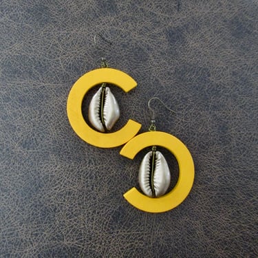 Cowrie shell earrings, bronze and yellow earrings, bold statement earrings 