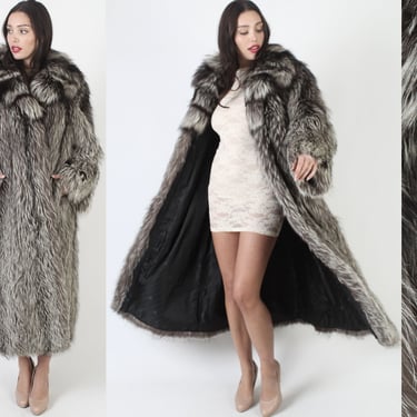 Luxurious Full Length Silver Fox Coat, Long Plush Black Fur Overcoat, Vintage 80s Leather Trim Winter Jacket XL 