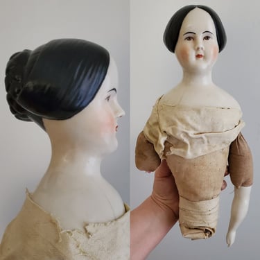 Antique China Doll Head with Elaborate Bun Hairstyle 3.5" Tall - Antique German Dolls - Doll Parts 