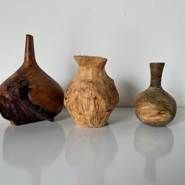 Vintage Organic Rustic Hand  Turned Wood Art Vases S / 3 