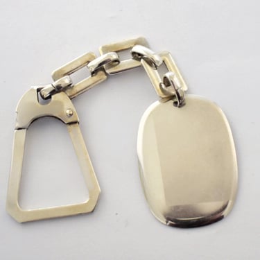 60's 925 silver Modernist edgy squared oval keychain, engravable matte over polished sterling geometric key holder 