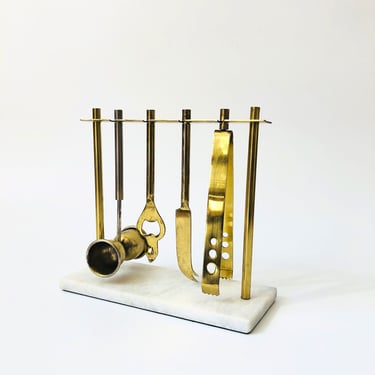 Vintage Marble and Brass Hanging Bar Tool Set 