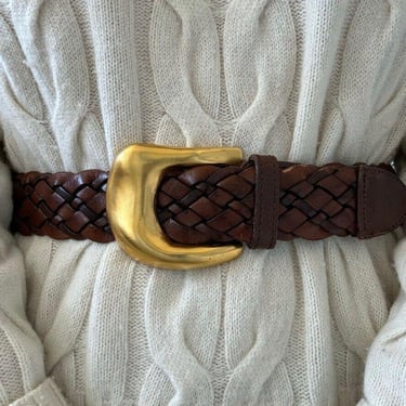 Vintage 1990s Robert Lee Morris Brown Leather Braided Gold Large Buckle Sz M 